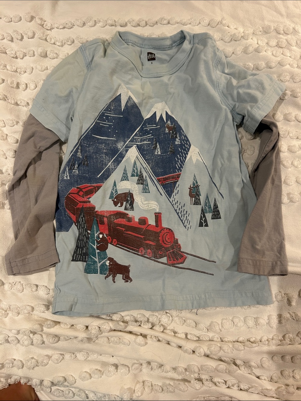 Tea Collection Light Blue Long-Sleeve Layered Train Graphic Tee